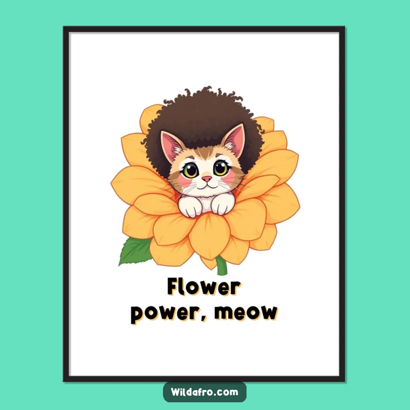 Funny Cat Afro Flower Peek Poster - Whimsical Wall Art Gift