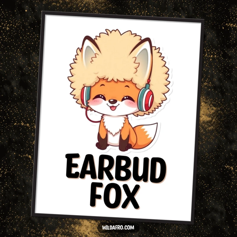 Funny Afro Fox DJ Poster featuring a cheerful fox with a large afro and tiny headphones, perfect for adding musical flair to decor.