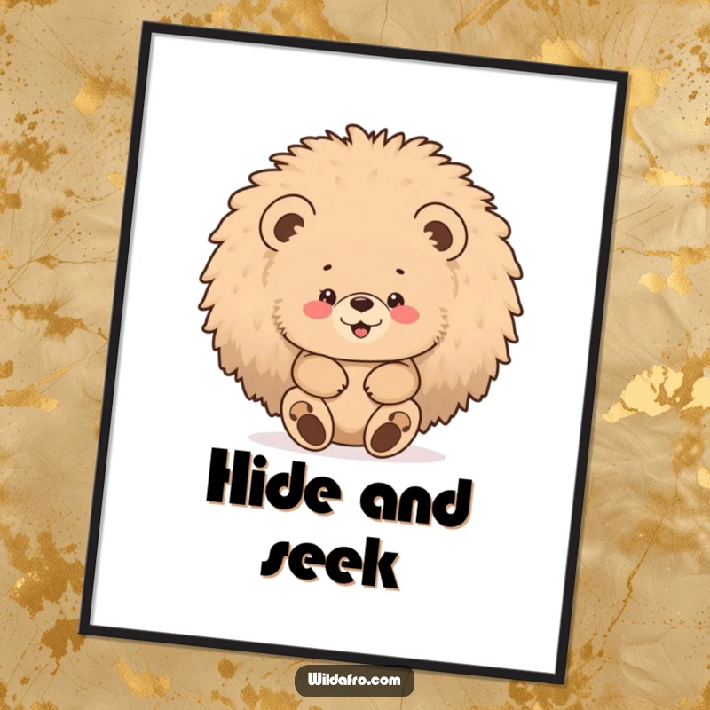 Funny bear afro poster showing a chubby bear cub gleefully hiding inside a large, fluffy afro.
