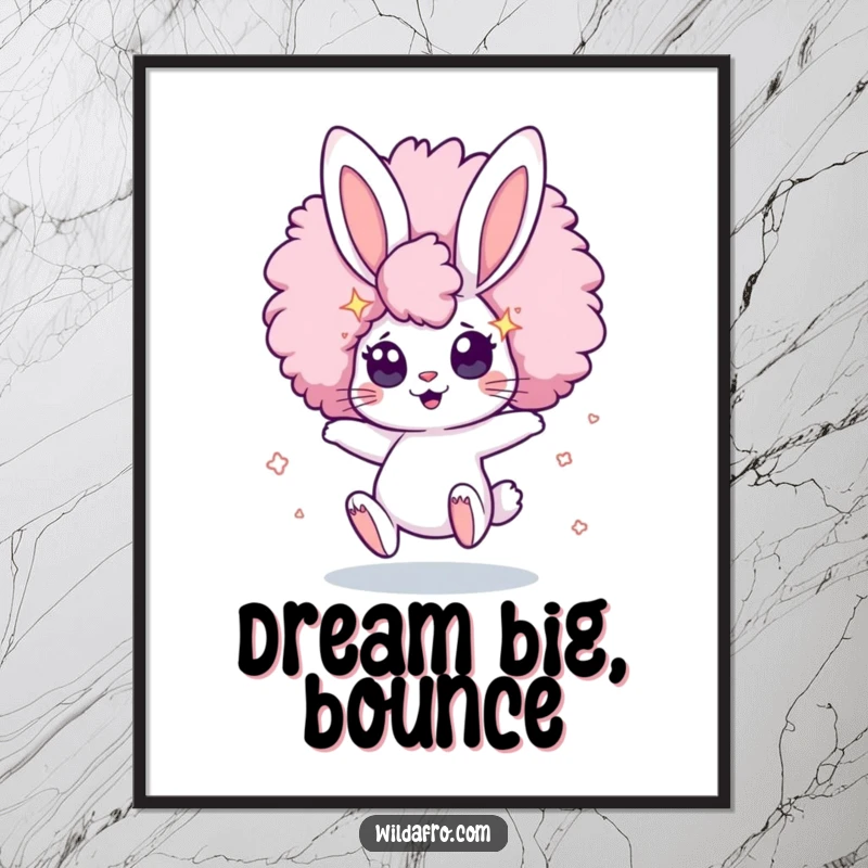 Funny Poster of a cute, bouncing bunny character with a massive afro and wide eyes sparkling with stars, creating a whimsical atmosphere.
