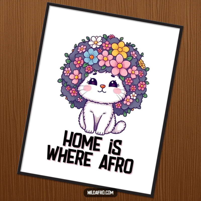 Funny Poster displaying a fluffy cat character's giant curly afro transformed into a blooming flower garden, adding whimsical art to any room.