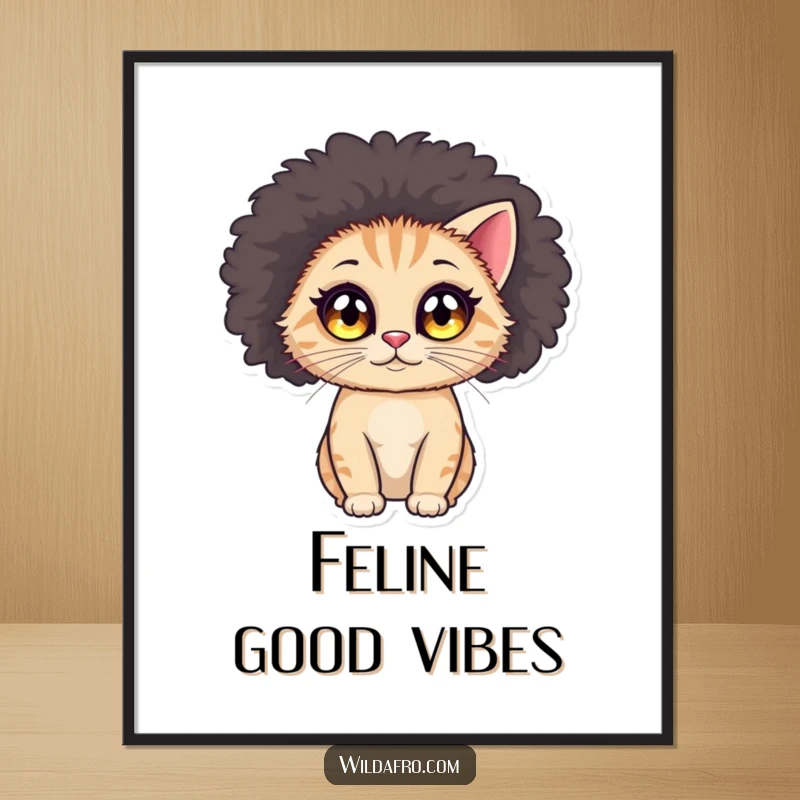 Funny cat afro poster showing a small, round cat with large, sparkling eyes wearing a voluminous afro wig.