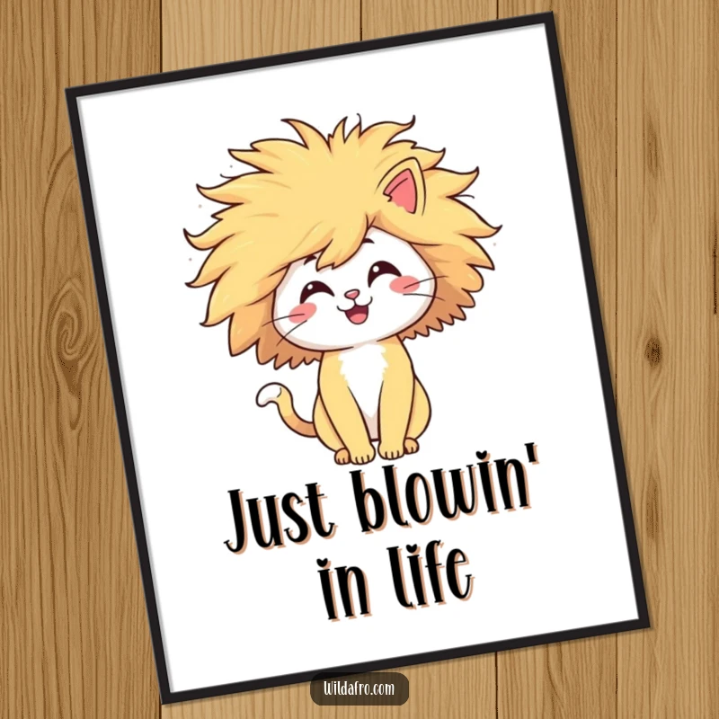 Funny cat poster displaying a happy character with a huge, windblown afro, capturing a moment of pure, comical delight. Wall art for amusement.