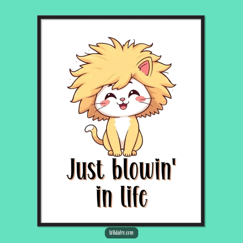 Funny Cat Afro Poster - Hilarious Windblown Pet Art Print, Unique Gift