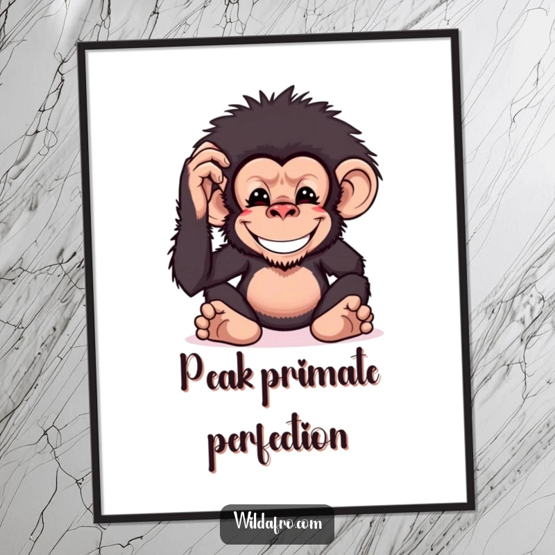 Funny chimpanzee poster featuring a grinning monkey character patting its large, bushy afro, adding a humorous touch to decor.