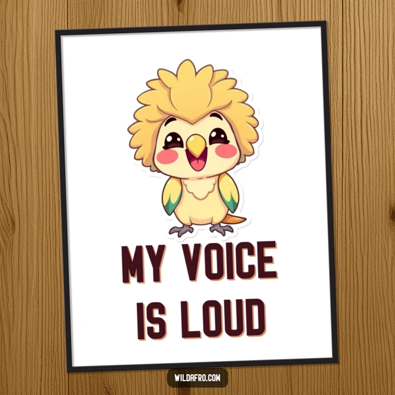 Funny Parrot Poster w/ Afro, Delighted and Squawking Cheerfully, Vibrant and Joyful Wall Decor