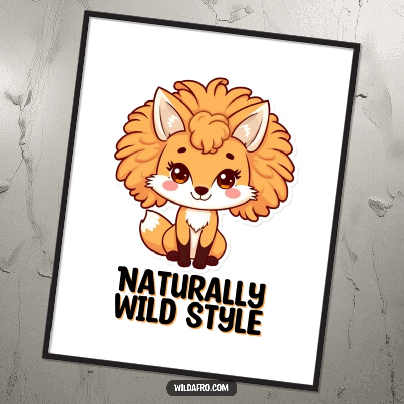 Funny fox poster of a playful character with a large, curly afro mane. Whimsical wall art for lovers of foxes and unique designs.
