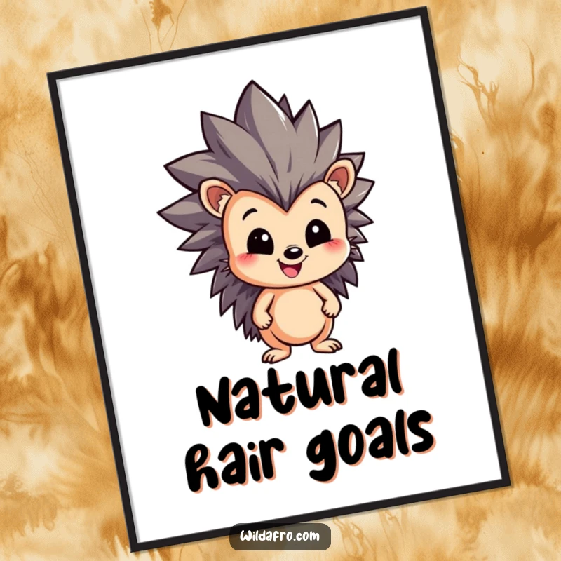 Funny Hedgehog Poster showcasing a joyful character with an impressively large, spiky, dynamic afro, bringing vibrant energy and humor to any wall.