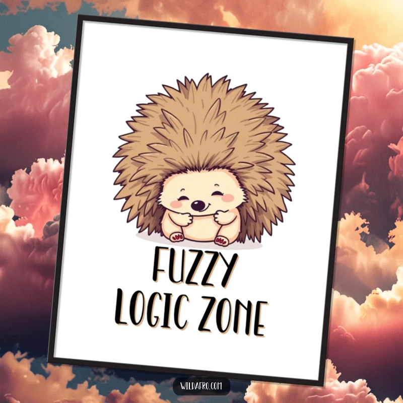 Funny hedgehog character digging headfirst into a large, curly afro hairstyle, presented as captivating wall art.