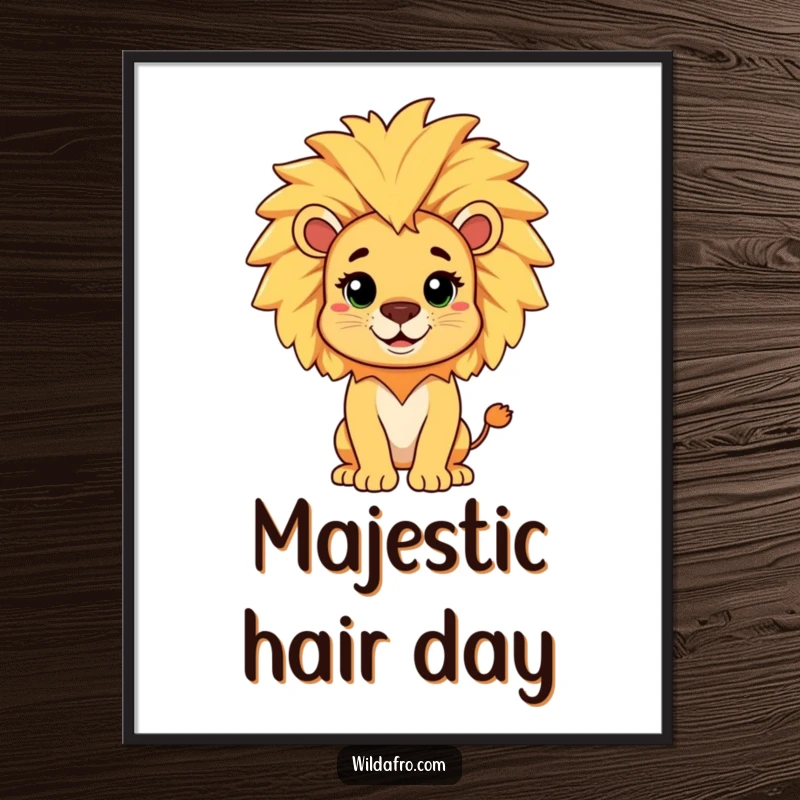Funny poster showing a cheerful lion with a large, playful afro mane, perfect for majestic and humorous wall decor.
