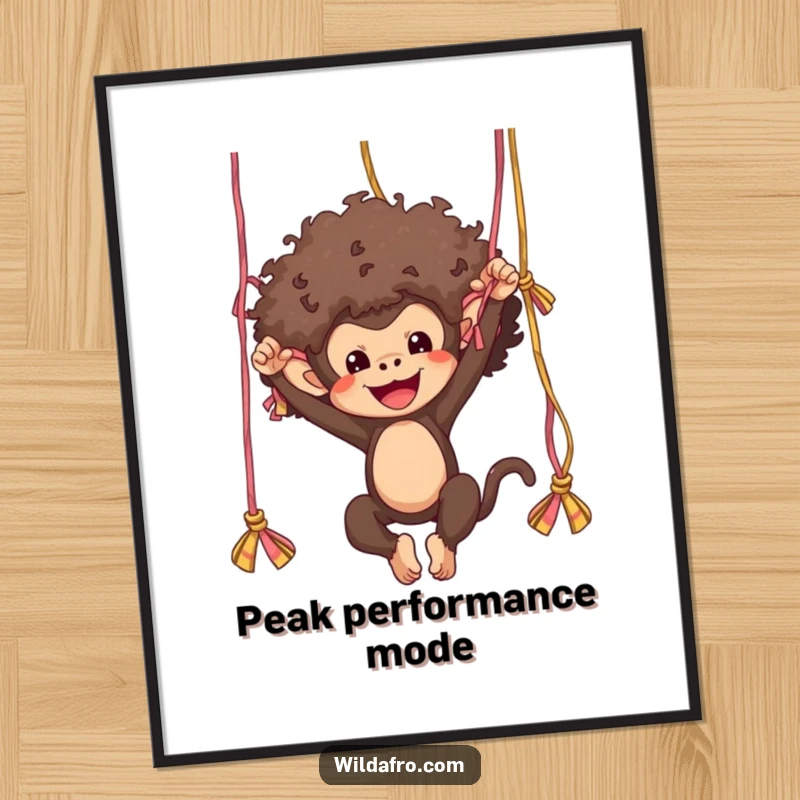 Funny monkey with a stylish afro in mid-air, swinging from yarn strands, presented as vibrant and humorous wall art.