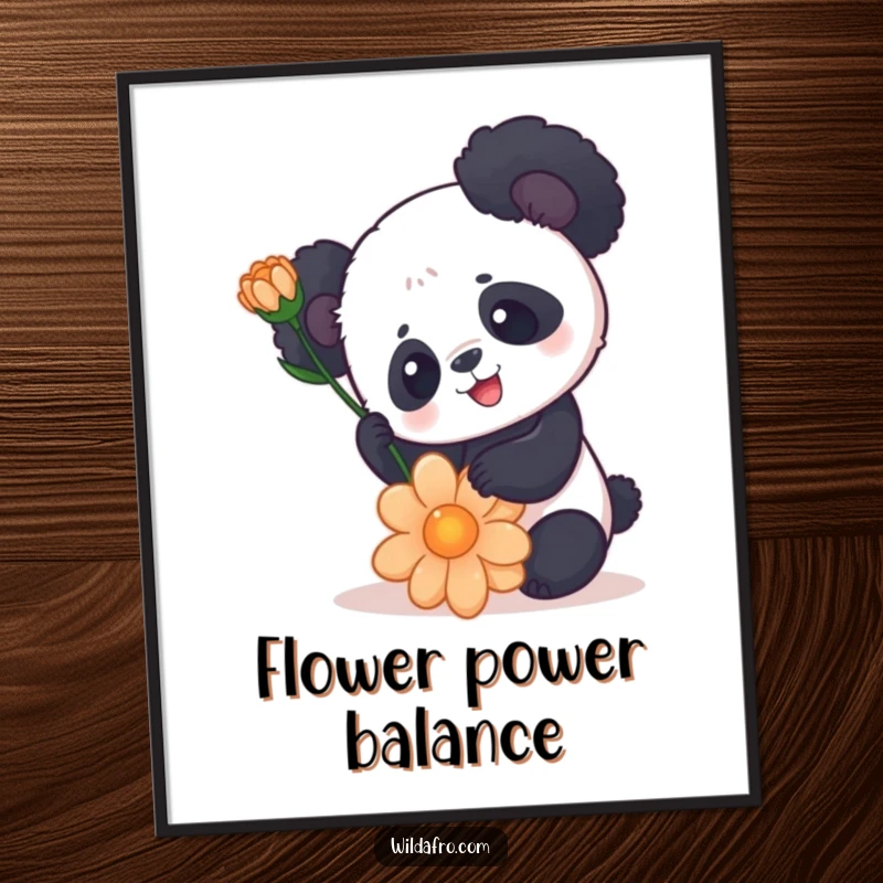 Funny Panda Poster with Rounded Afro Balancing a Flower - Playful Wall Art