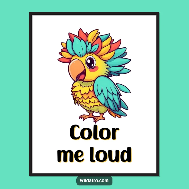 Funny Parrot Afro Squawk Poster, Colorful Art Print, Hilarious Wall Decor Gift