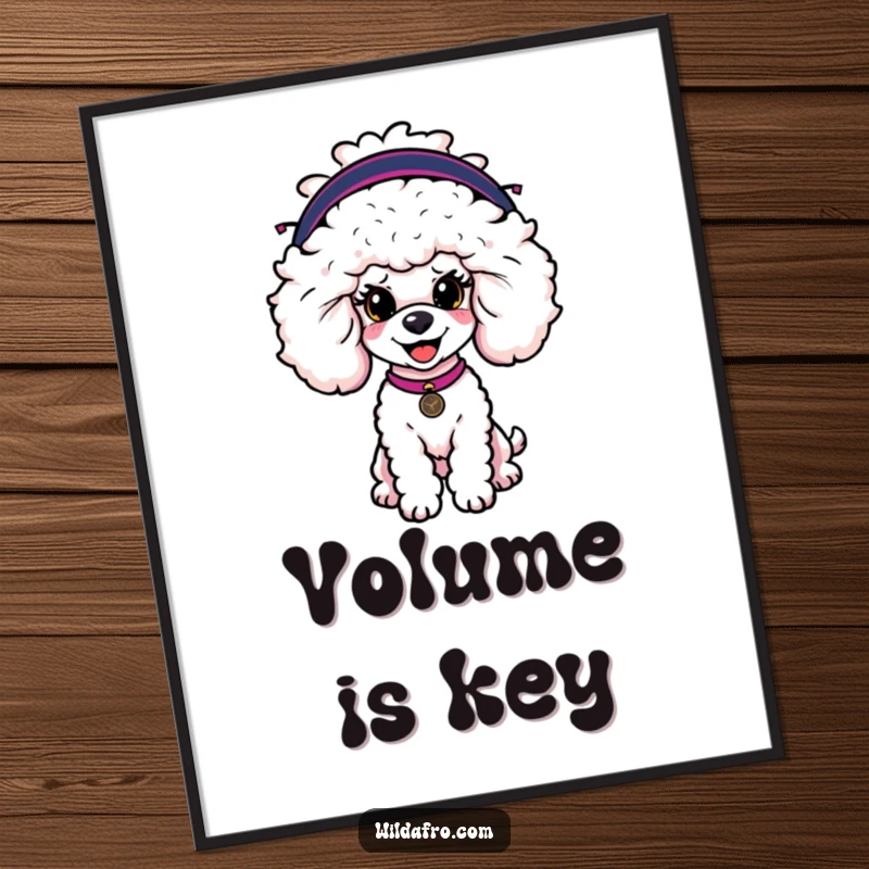 Funny poodle poster featuring a happy dog wearing a large, fashionable afro wig, adding a touch of humor to decor.