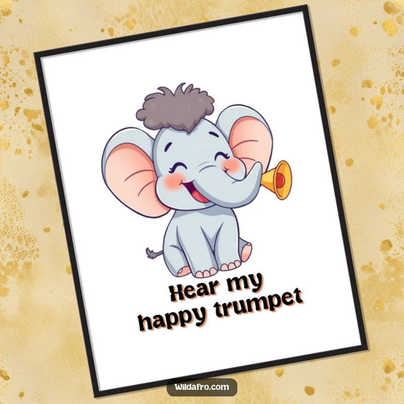 Funny Elephant Poster w/ Afro, Giggling and Trumpeting Happily, Vibrant and Cheerful Wall Decor