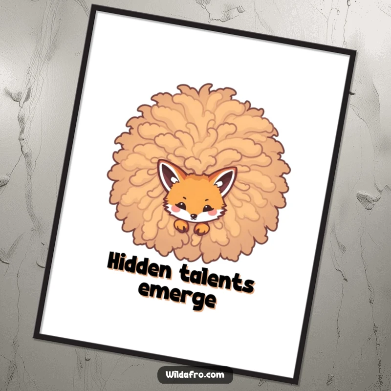 Funny poster art of a sly fox peeking from a huge, curly afro, adding a whimsical and mysterious touch to decor.