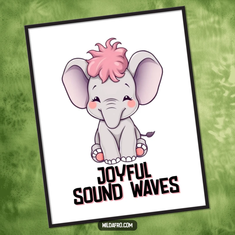 Funny baby elephant with a small afro trumpeting happily, creating a joyful and humorous piece of wall art.