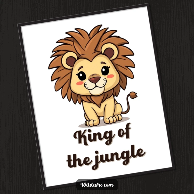 Funny lion poster depicting a proud lion character with a majestic afro shaking its mane, radiating power and style.