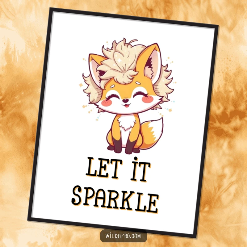 Funny Poster featuring a cheerful fox character playfully shaking a massive afro that emits shimmering glitter, creating a whimsical and sparkly art piece.