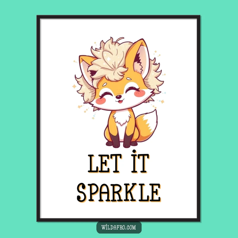 Funny Fox Glitter Afro Poster: Cheerful Character Art with Shimmering Whimsy