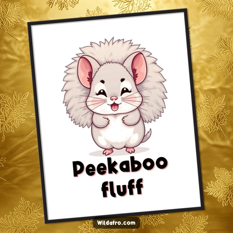 Funny poster print of a giggling chinchilla character hiding within its fluffy afro. Adorable wall art.