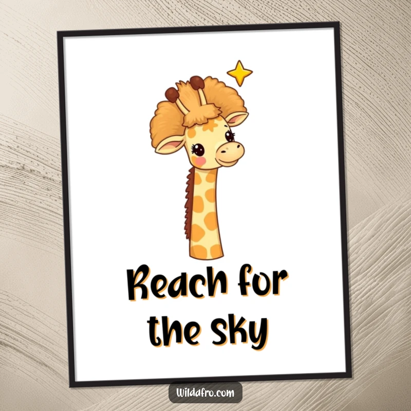 Funny giraffe poster, a cheerful giraffe with a huge afro reaching for a distant star, a whimsical and hopeful artwork.