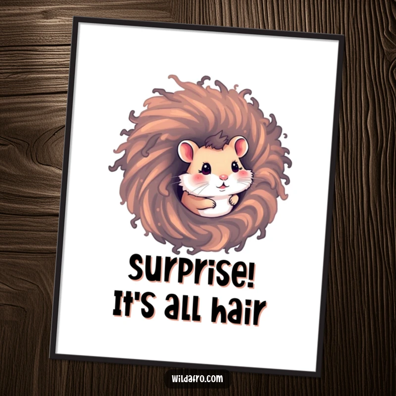 Funny hamster poster showing a curious hamster peeking out from a swirling, voluminous afro hair vortex, perfect for quirky wall decor.