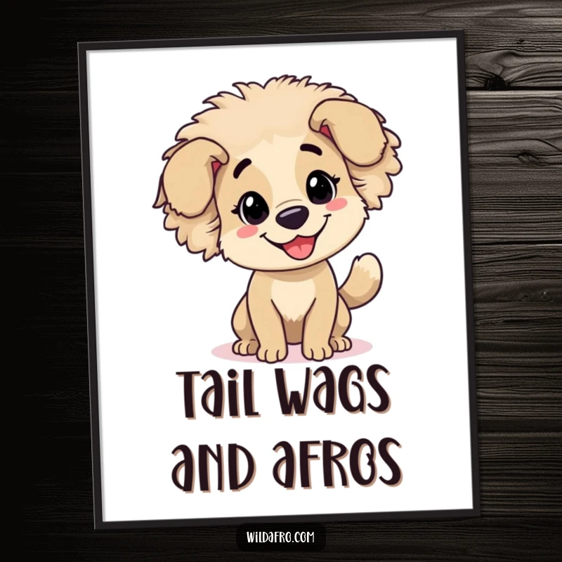 Funny dog with a vibrant afro and a happily wagging tail on a cheerful poster, full of energy.