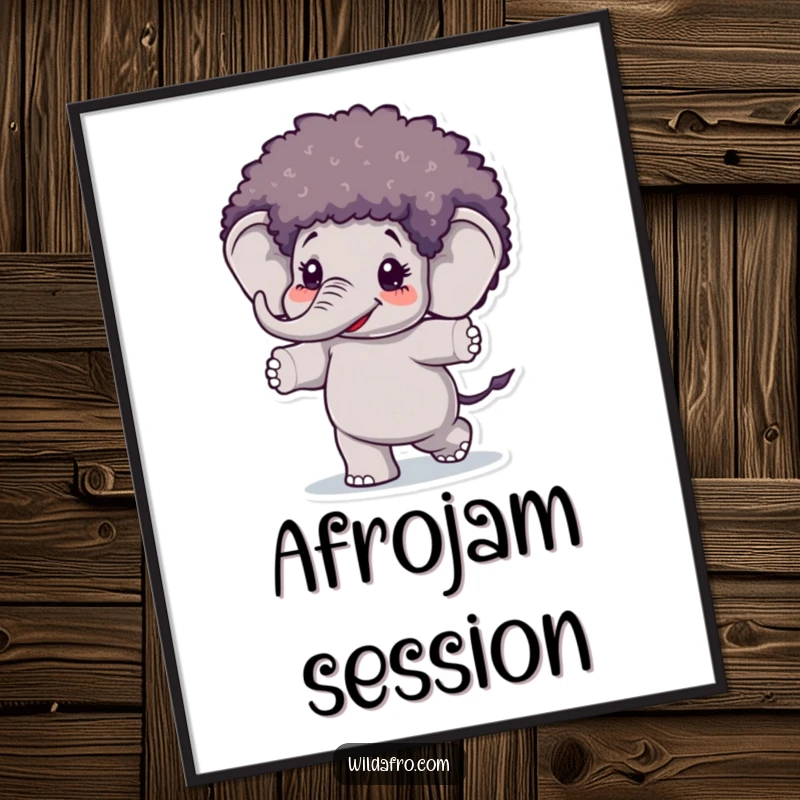 Funny Elephant Afro Wig Poster featuring a happy elephant in a colorful afro wig, dancing with great energy, perfect for walls.