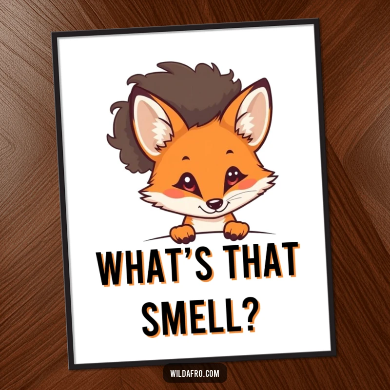Funny curious fox with a stylish afro peeking out on a poster, exuding mystery and cool charm, a chic funny gift.