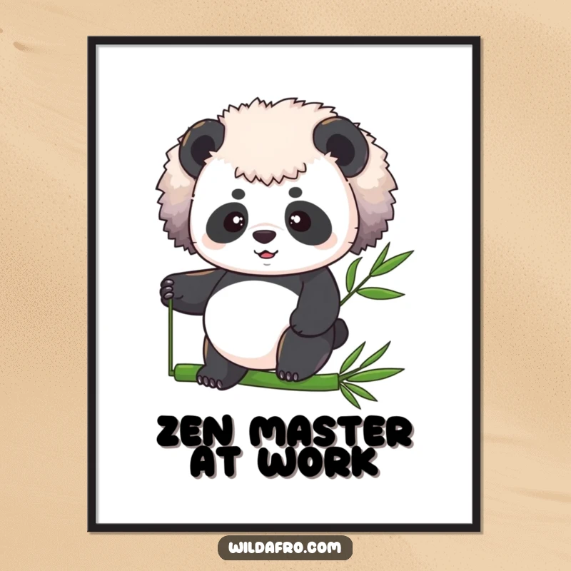 Funny panda with a large afro balancing on a bamboo stalk, creating a humorous and inspiring piece of wall art.