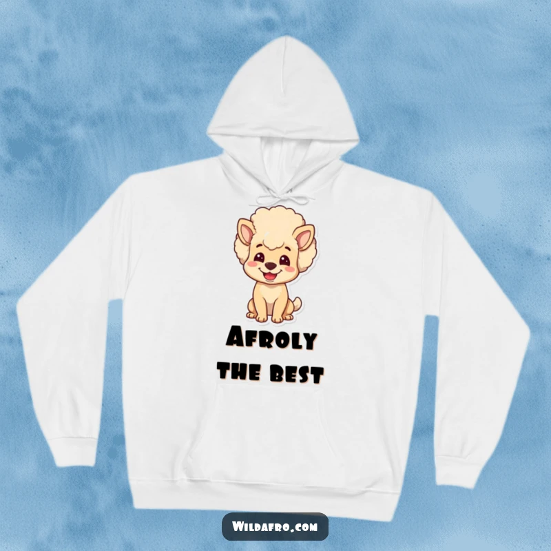 Funny dog hoodie showcasing a joyful pup with a massive, bouncy afro head, radiating happiness and charm. Cozy apparel for dog lovers.