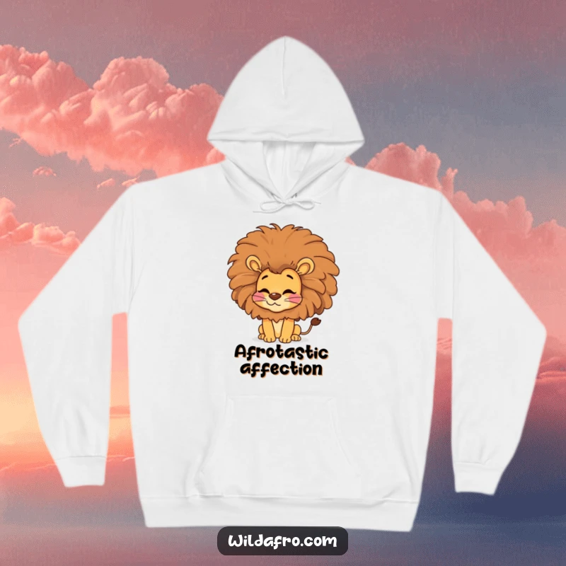 Funny lion hoodie, a happy lion sporting a large afro blows a kiss, a stylish and humorous design.