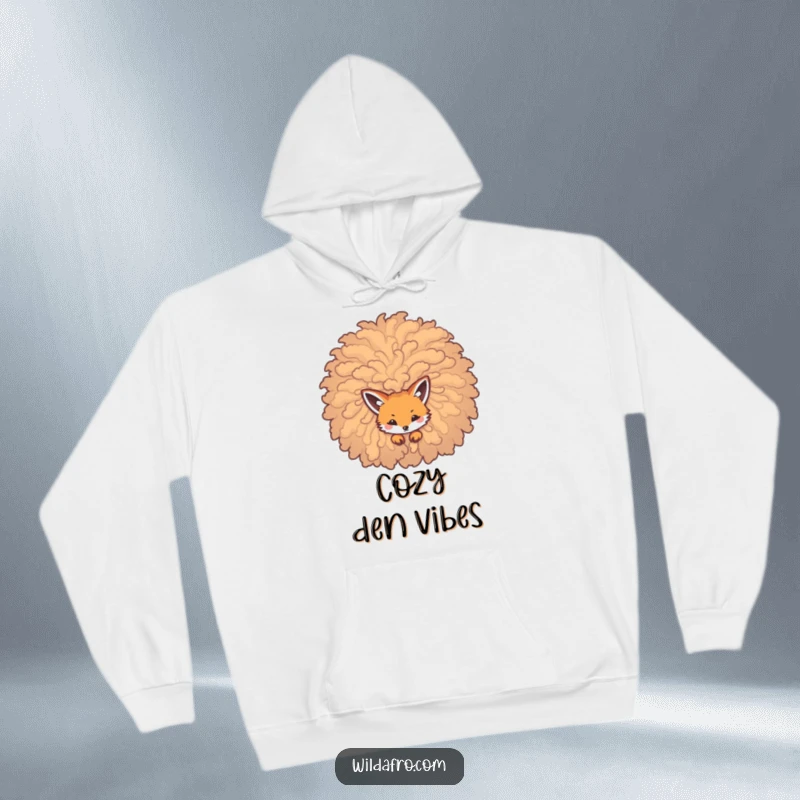 Funny hoodie showing a clever fox peeking out from an enormous, curly afro, radiating warmth and a hint of mischief.