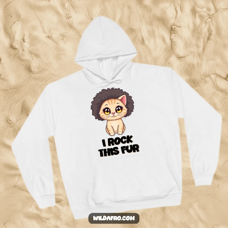 Funny cat afro hoodie showing a small, round cat with large, sparkling eyes wearing a voluminous afro wig.