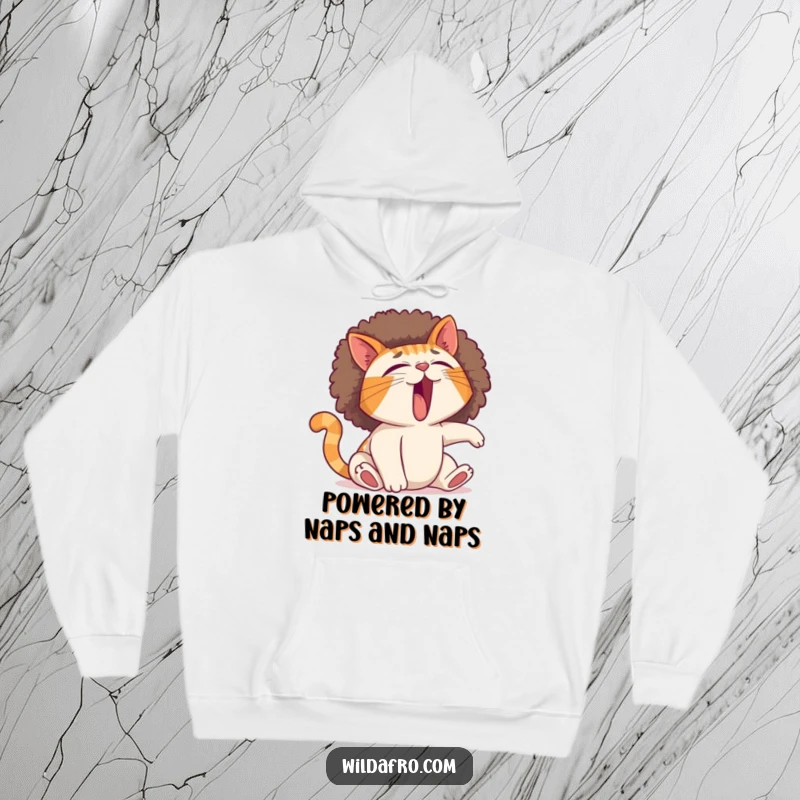 Funny cat hoodie showcasing a yawning feline with a dramatically expanding afro during a long stretch, a hilarious and cozy design.