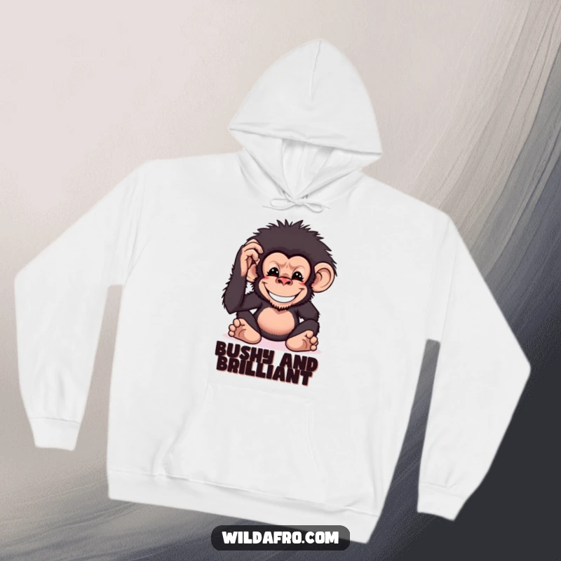 Funny chimpanzee hoodie with a grinning monkey character embracing its large, bushy afro, perfect for casual wear.