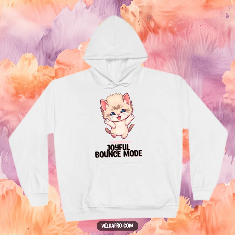 Funny kitten afro hoodie featuring a playful kitten with a round afro, bouncing joyfully and offering warmth and happy vibes.
