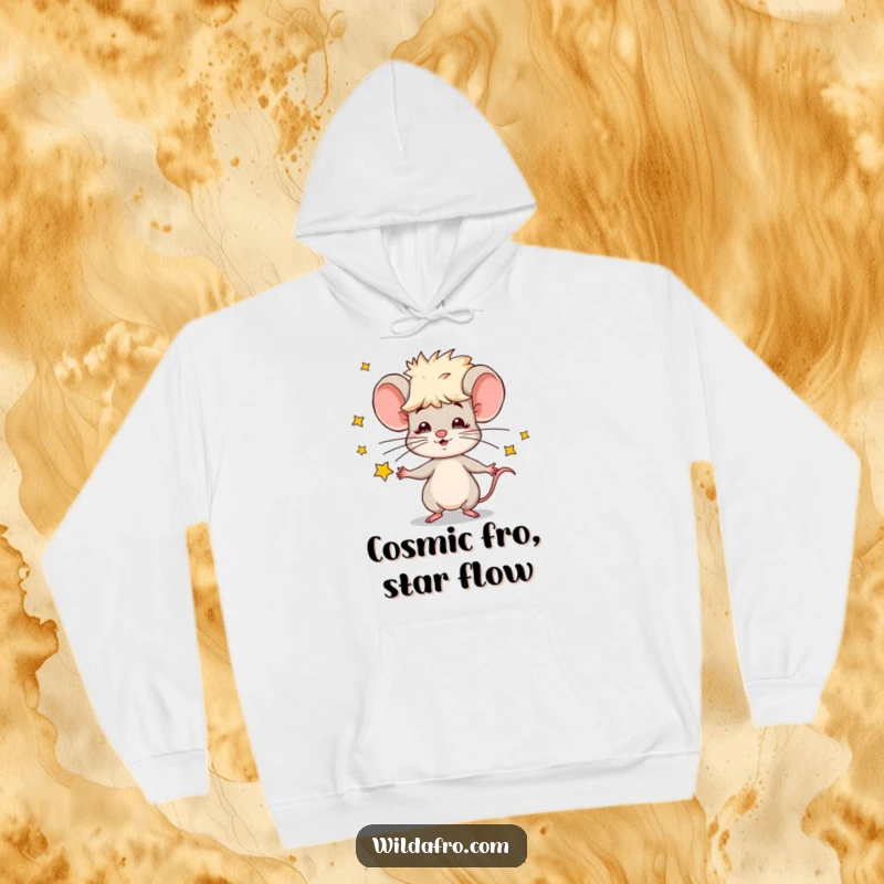 Funny hoodie showcasing a cool mouse with an afro, expertly juggling tiny stars, designed for ultimate comfort and cosmic cheer.
