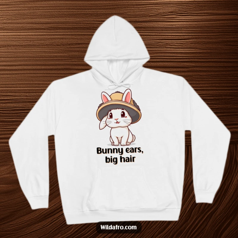 Funny rabbit hoodie with a curious bunny character wearing a fluffy afro hat, ears poking out, perfect for cozy wear.