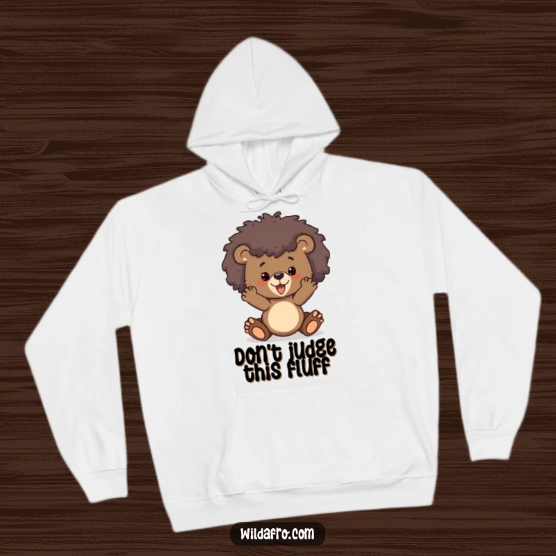 Funny bear cub wearing a cozy hoodie, its wild afro popping out, radiating warmth and playful charm.