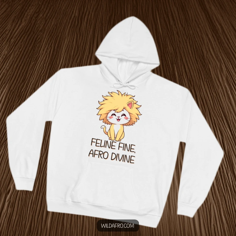 Funny cat hoodie showcasing a happy character with a massive, windblown afro, exuding carefree energy. A must-have for feline fans.