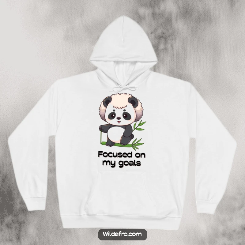 Funny panda with a prominent fluffy afro maintaining perfect balance on a bamboo stalk, showcased on a cozy hoodie.