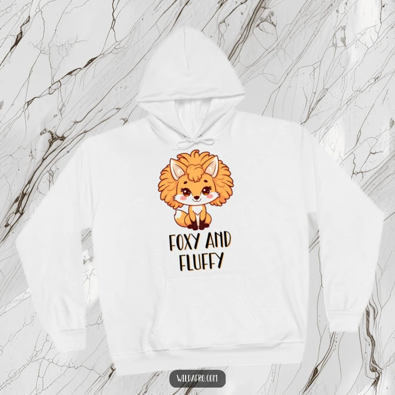 Funny fox hoodie featuring a playful character with a voluminous, curly afro mane. Cozy and humorous apparel for lovers of woodland creatures.