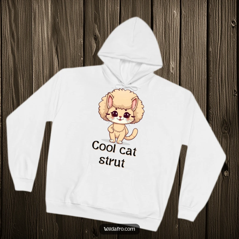 Funny cat sporting a large, fluffy afro on a hoodie, strutting with confidence and 70s flair, a cozy funny gift.