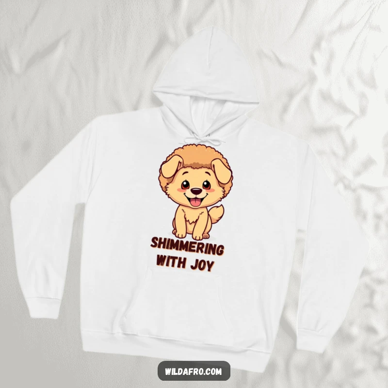 Funny Dog Afro Hoodie: A happy dog character with a shimmering afro enthusiastically wags its tail.