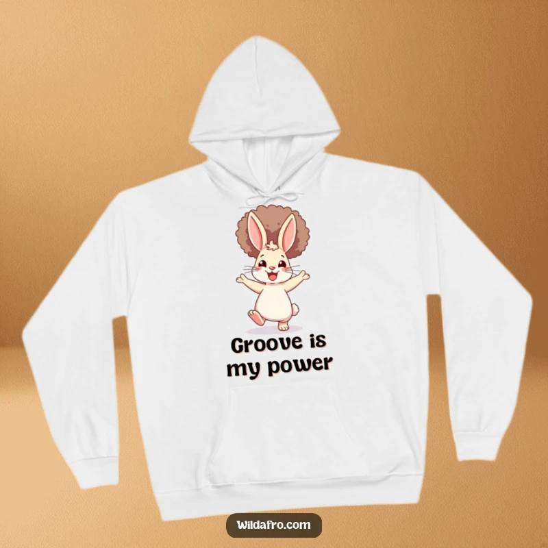 Funny Rabbit Afro Hoodie: A cheerful bunny with a giant afro, dancing joyfully, offering supreme comfort and a hilarious, unique design.