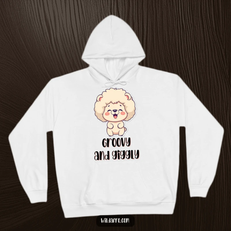 Funny bear with a large, fluffy afro, giggling on a warm hoodie. A cozy and funny gift.