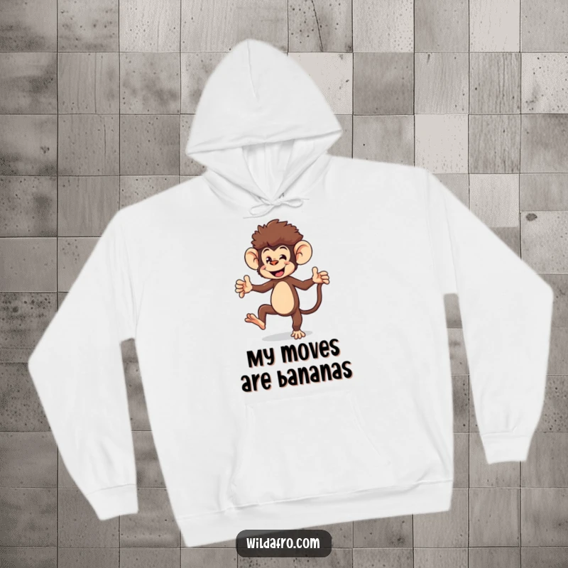 Funny monkey hoodie showing an energetic monkey character with an afro doing a playful dance, offering comfort and fun.