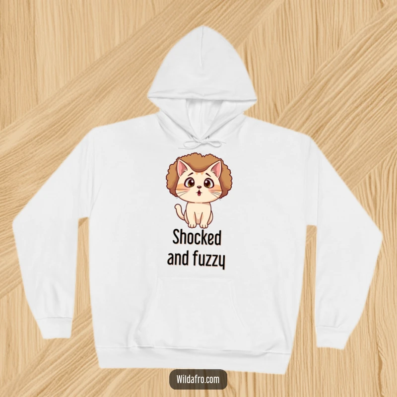 Funny Cat Afro Hoodie featuring a surprised cat wearing a large afro wig, looking shocked, ideal for cozy and humorous wear.